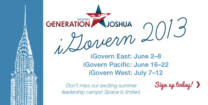 Sign up today for Generation Joshua's 2013 iGovern leadership camp! Three options: East, West, or Pacific. HSLDA member discounts. Get details >>